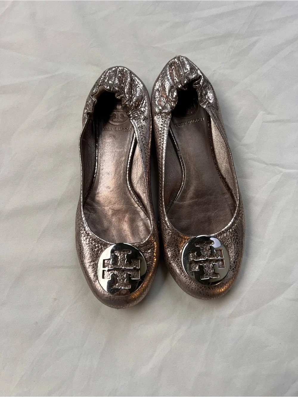 Tory Burch Reva Metallic Leather Ballet Flats Logo Stretch Back 6 6.5 Balletcore